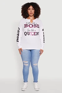 Womens Plus Long Sleeve Hustle Like A Boss Graphic Tee, White,
