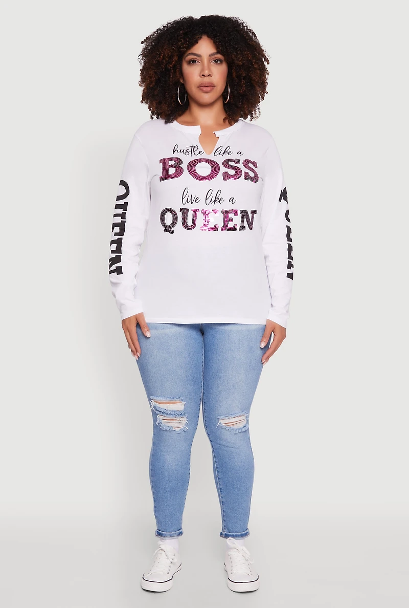 Womens Plus Long Sleeve Hustle Like A Boss Graphic Tee, White,