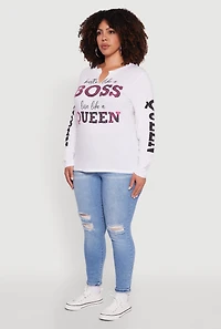 Womens Plus Long Sleeve Hustle Like A Boss Graphic Tee, White,
