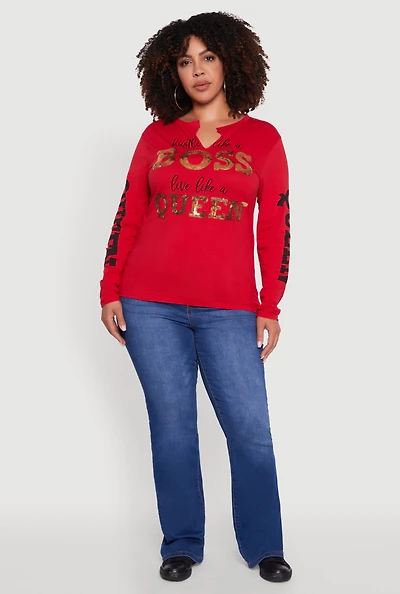 Womens Plus Size Long Sleeve Hustle Like A Boss Graphic Tee, Red, Size 2X