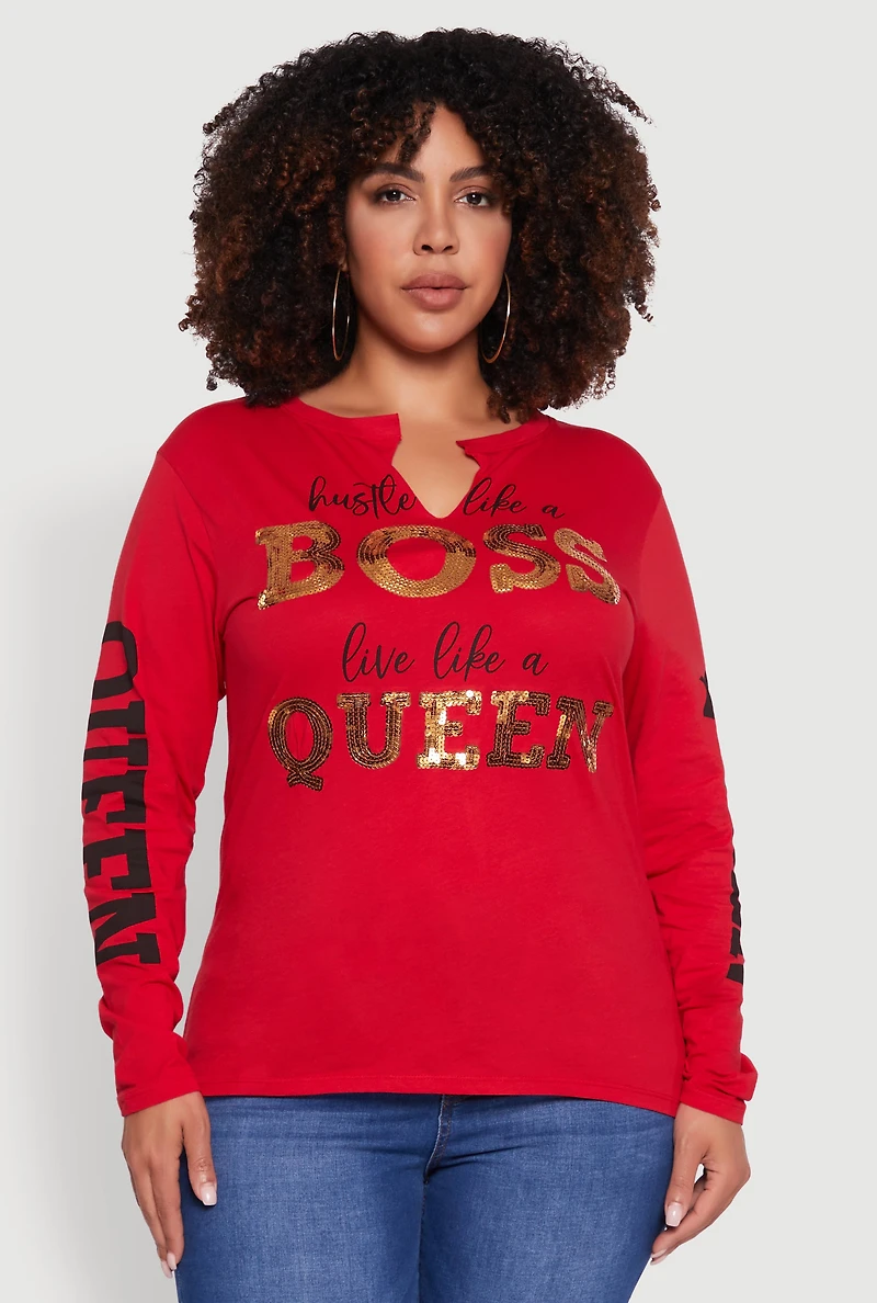 Womens Plus Size Long Sleeve Hustle Like A Boss Graphic Tee, Red, Size 1X