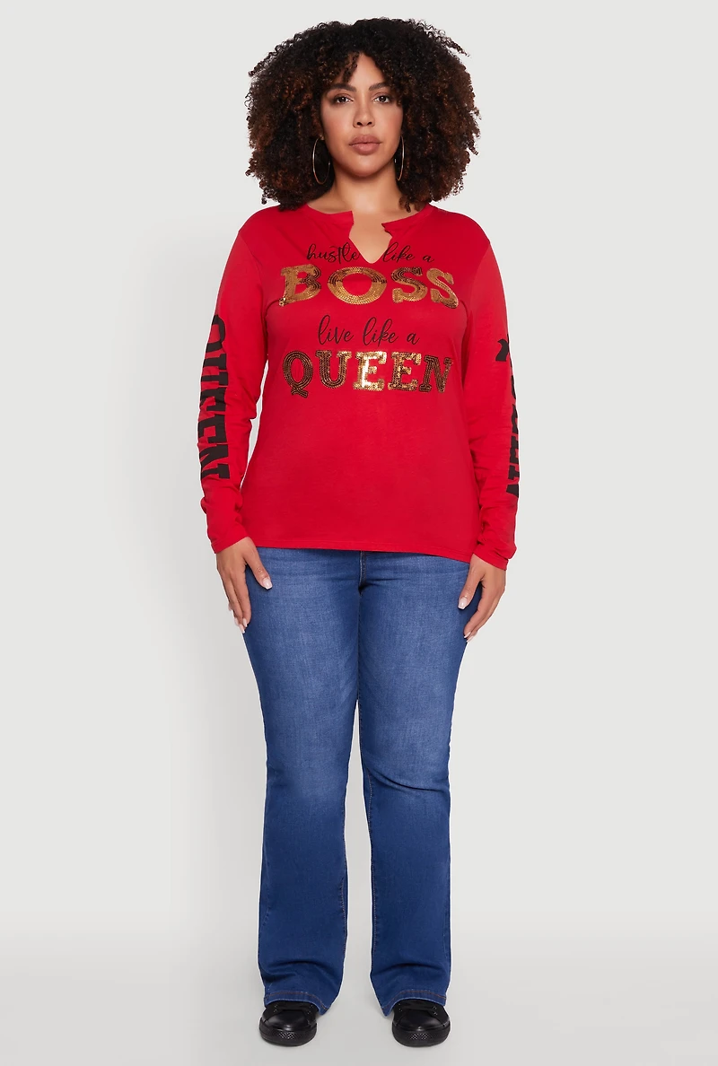 Womens Plus Size Long Sleeve Hustle Like A Boss Graphic Tee, Red, Size 1X