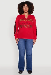 Womens Plus Size Long Sleeve Hustle Like A Boss Graphic Tee, Red, Size 1X