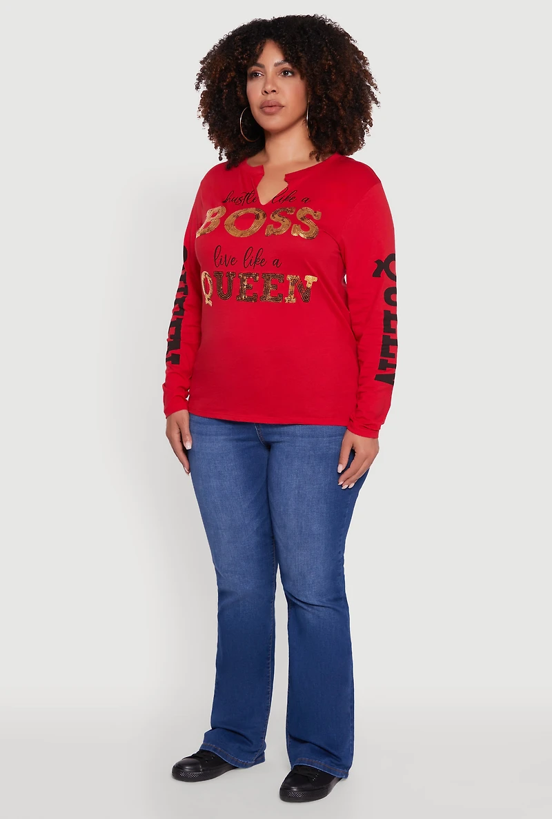 Womens Plus Size Long Sleeve Hustle Like A Boss Graphic Tee, Red, Size 1X