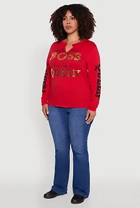 Womens Plus Size Long Sleeve Hustle Like A Boss Graphic Tee, Red, Size 1X