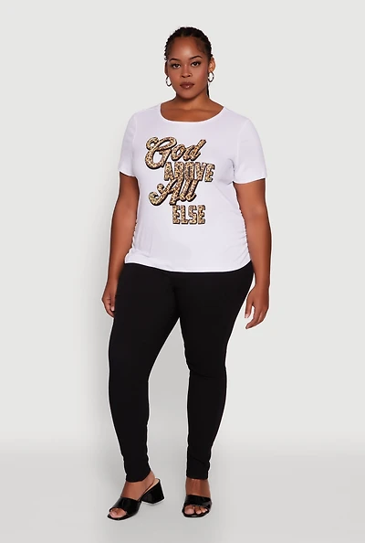 Womens Plus Size Ribbed Knit God Above All Else Graphic Tee, White, Size 1X