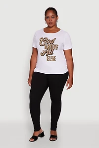 Womens Plus Size Ribbed Knit God Above All Else Graphic Tee, White, Size 2X