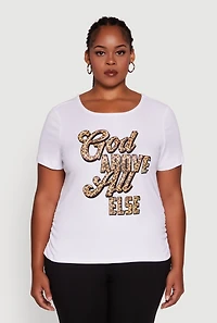 Womens Plus Size Ribbed Knit God Above All Else Graphic Tee, White, Size 2X