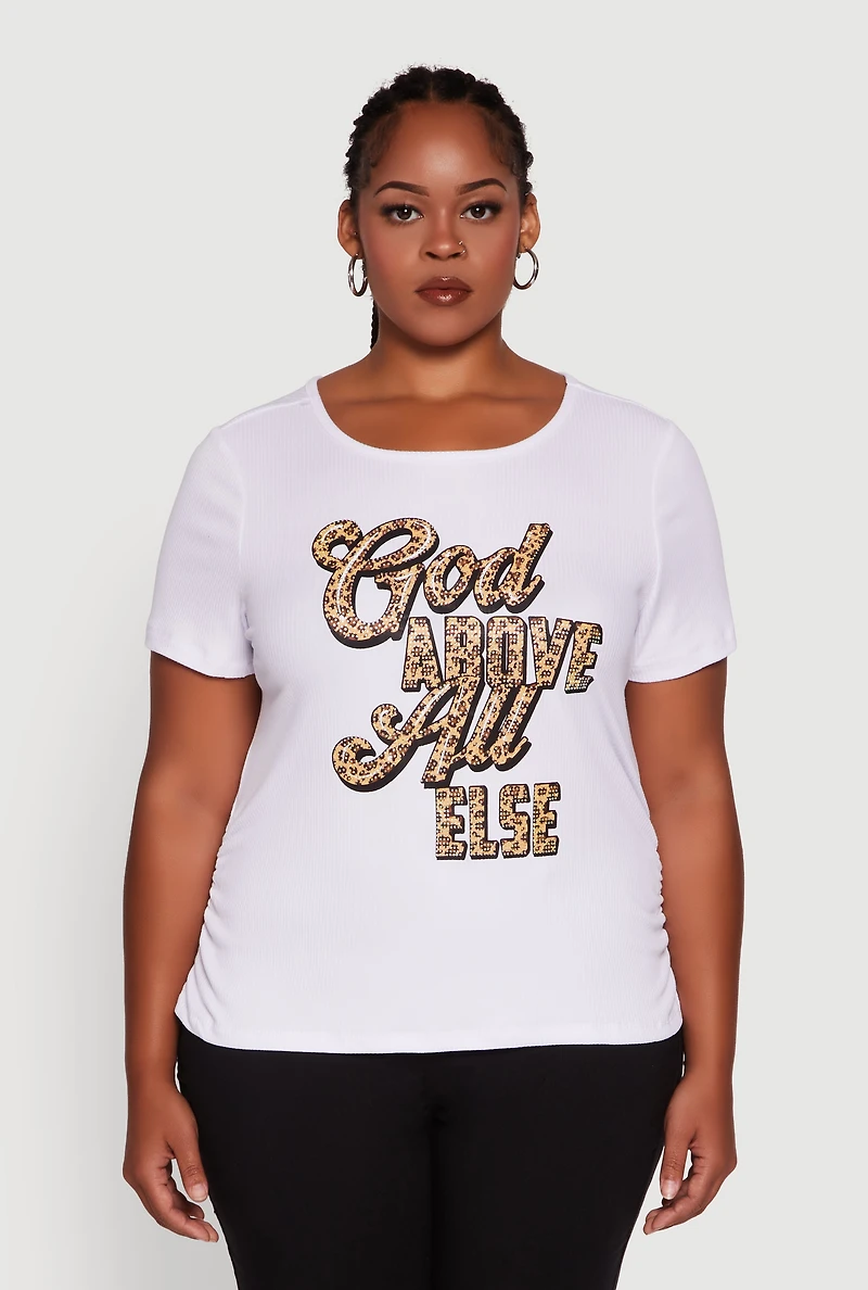 Womens Plus Ribbed Knit God Above All Else Graphic Tee, White,