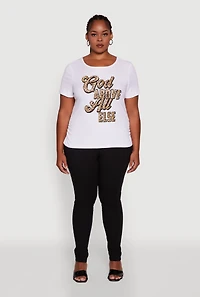 Womens Plus Size Ribbed Knit God Above All Else Graphic Tee, White, Size 2X