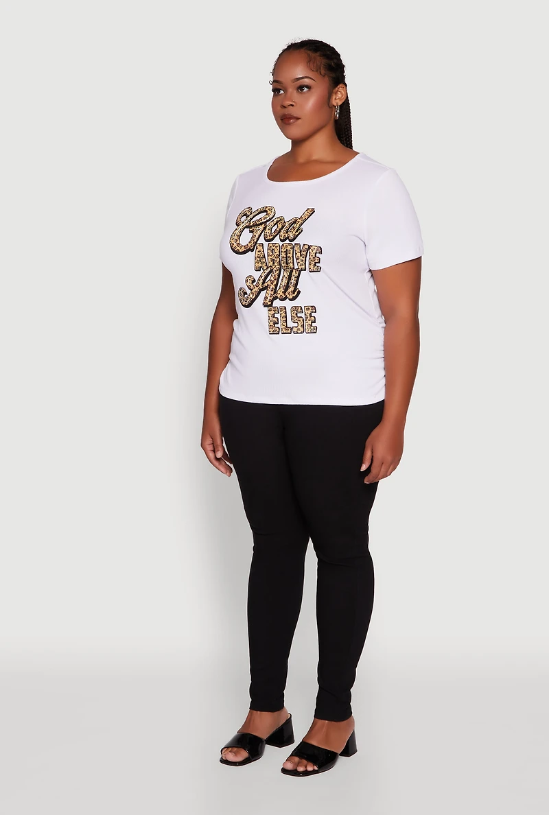 Womens Plus Size Ribbed Knit God Above All Else Graphic Tee, White, Size 2X