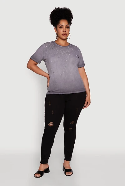 Womens Plus Size Acid Wash Ribbed Knit Rhinestone Detail T-Shirt, Grey, Size 1X