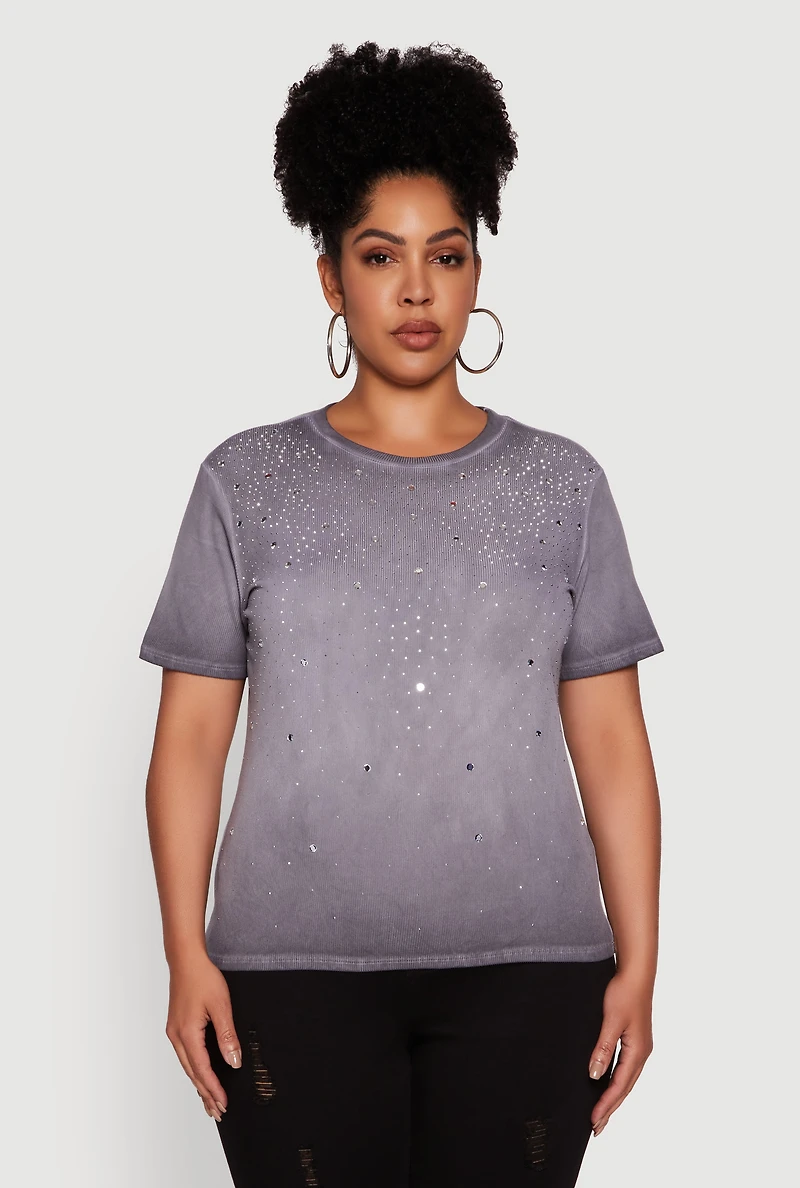 Plus Acid Wash Ribbed Knit Rhinestone Detail T-Shirt