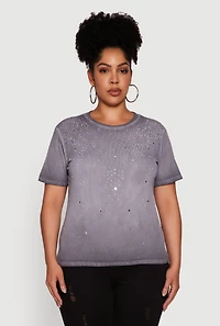 Plus Acid Wash Ribbed Knit Rhinestone Detail T-Shirt