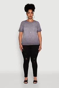 Womens Plus Size Acid Wash Ribbed Knit Rhinestone Detail T-Shirt, Grey, Size 3X
