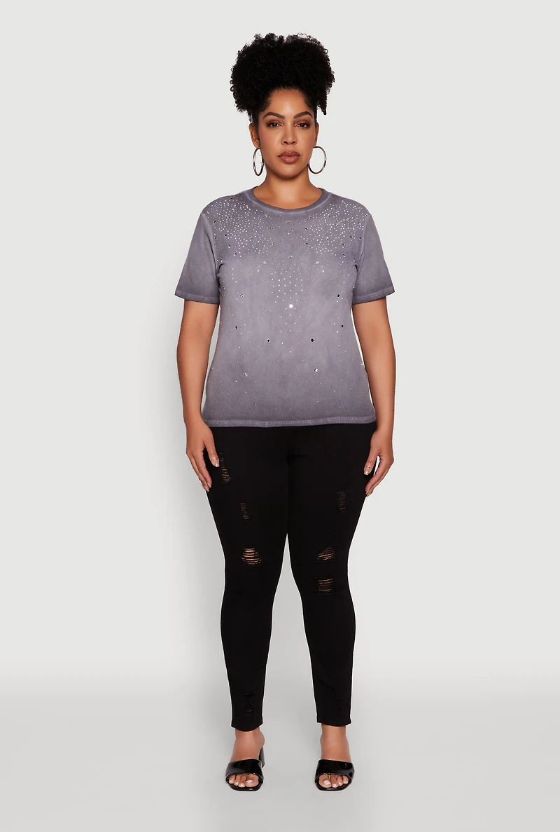 Plus Acid Wash Ribbed Knit Rhinestone Detail T-Shirt
