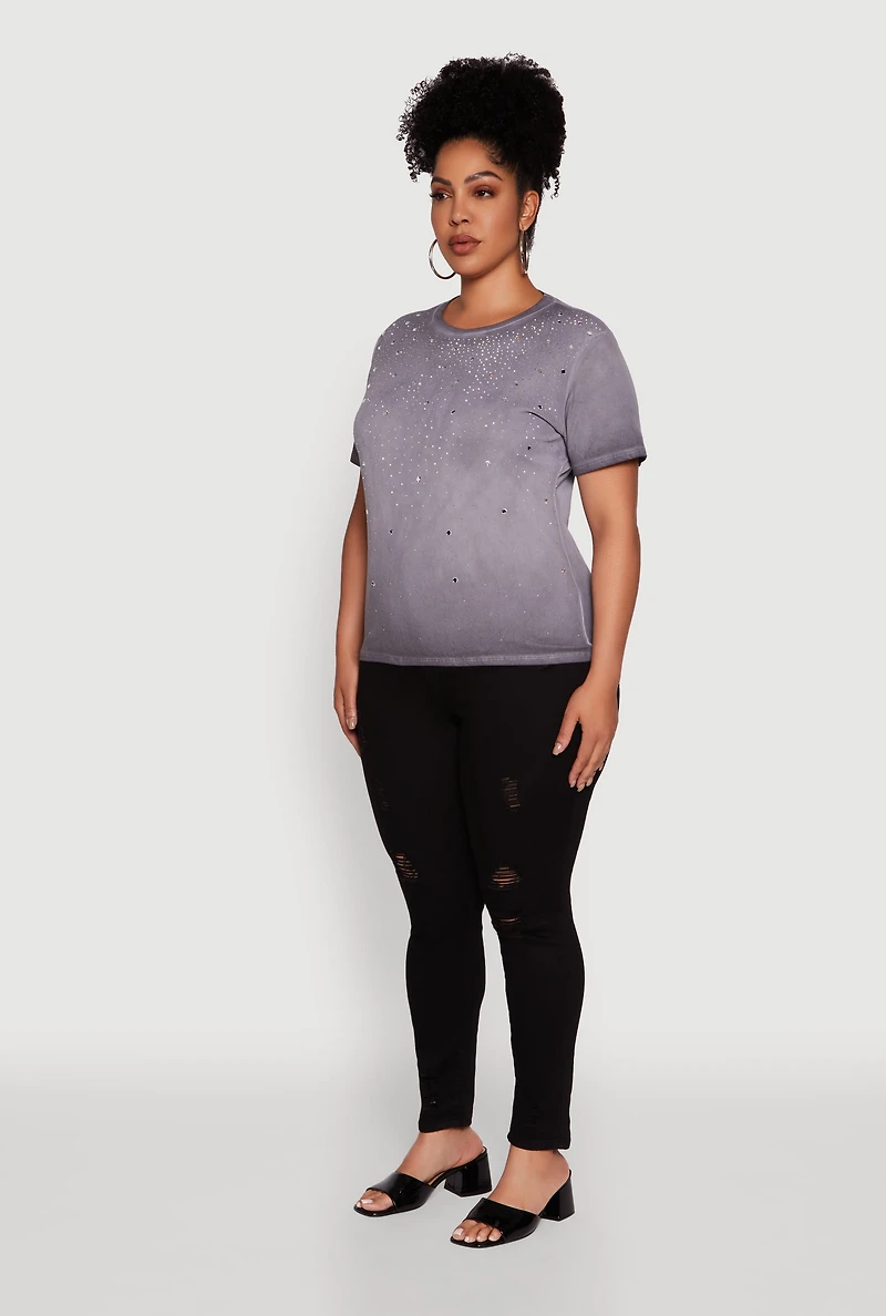 Womens Plus Size Acid Wash Ribbed Knit Rhinestone Detail T-Shirt, Grey, Size 1X