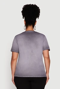 Womens Plus Size Acid Wash Ribbed Knit Rhinestone Detail T-Shirt, Grey, Size 1X