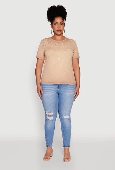 Womens Plus Size Acid Wash Ribbed Knit Rhinestone Detail T-Shirt, Beige, Size 1X