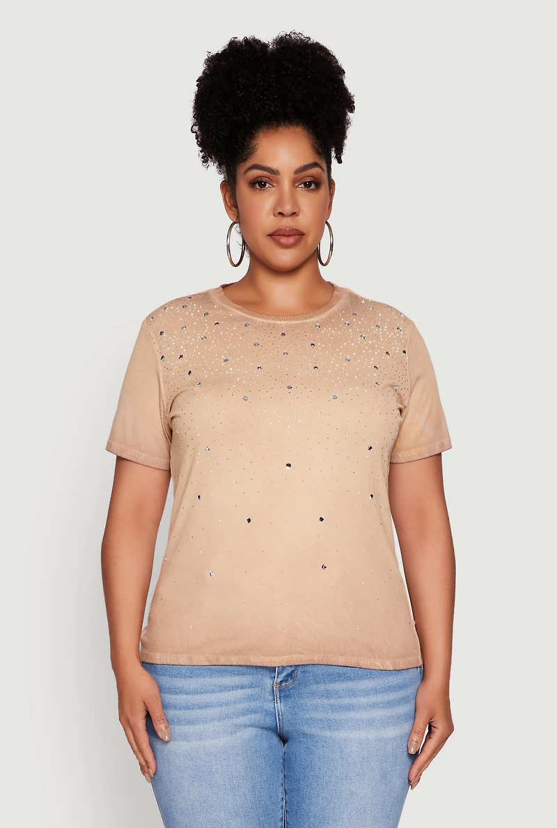 Womens Plus Size Acid Wash Ribbed Knit Rhinestone Detail T-Shirt, Beige, Size 2X