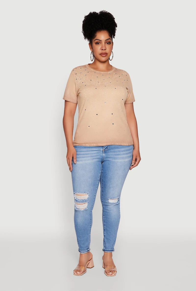 Womens Plus Size Acid Wash Ribbed Knit Rhinestone Detail T-Shirt, Beige, Size 1X