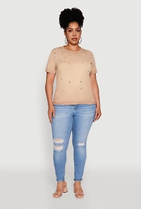 Womens Plus Size Acid Wash Ribbed Knit Rhinestone Detail T-Shirt, Beige, Size 1X