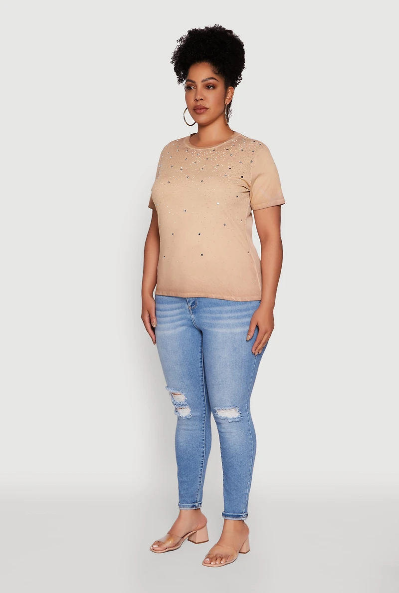 Womens Plus Size Acid Wash Ribbed Knit Rhinestone Detail T-Shirt, Beige, Size 1X