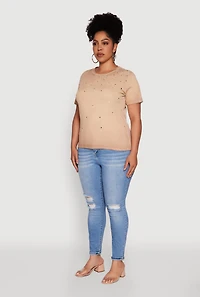 Womens Plus Size Acid Wash Ribbed Knit Rhinestone Detail T-Shirt, Beige, Size 1X