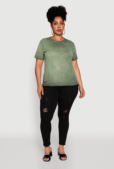 Womens Plus Acid Wash Ribbed Knit Rhinestone Detail T-Shirt, 2X