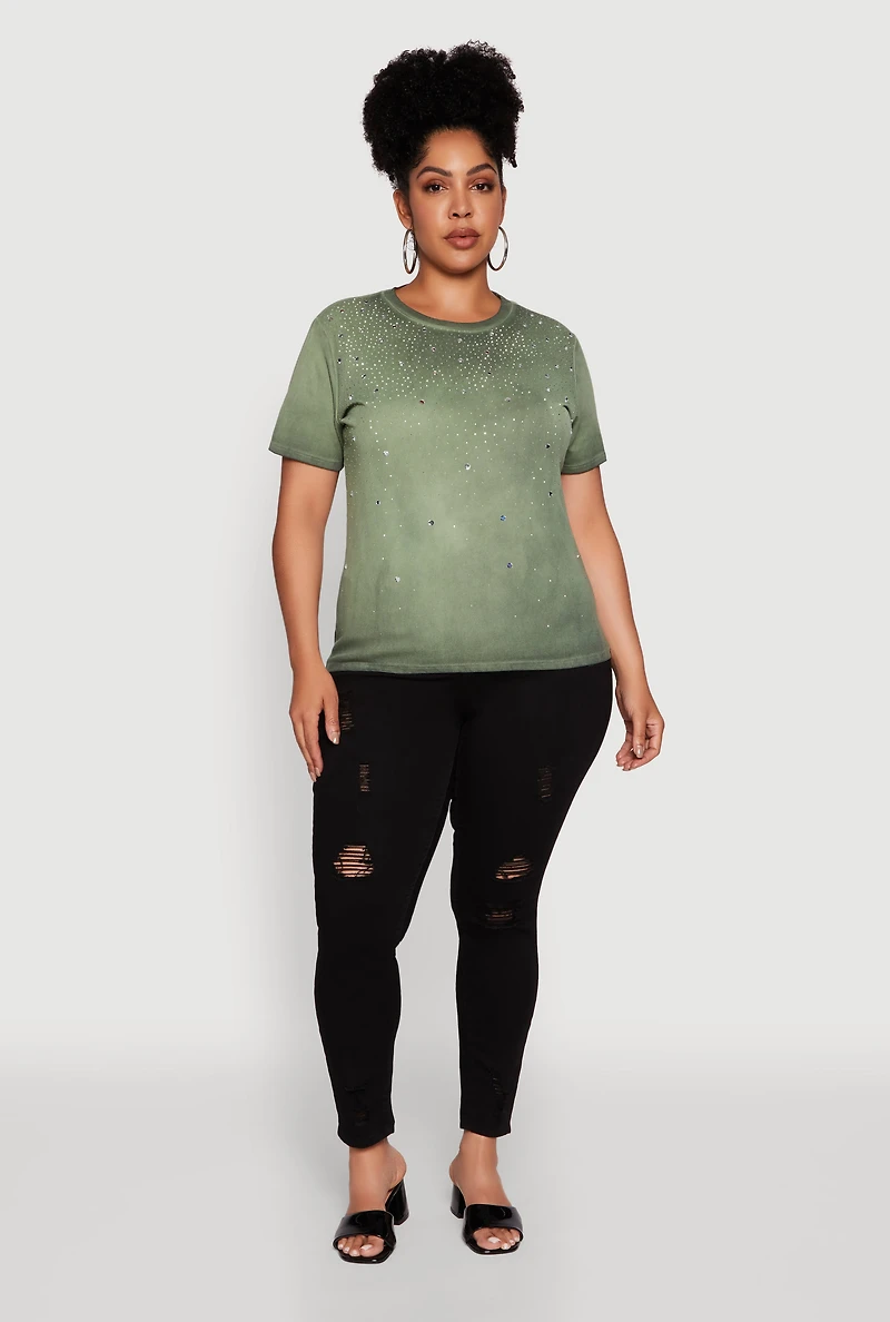 Plus Acid Wash Ribbed Knit Rhinestone Detail T-Shirt