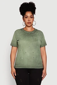 Womens Plus Acid Wash Ribbed Knit Rhinestone Detail T-Shirt, 2X