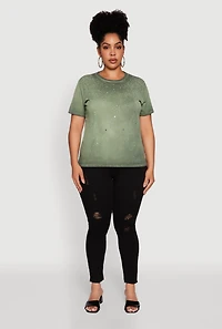 Womens Plus Acid Wash Ribbed Knit Rhinestone Detail T-Shirt, 2X