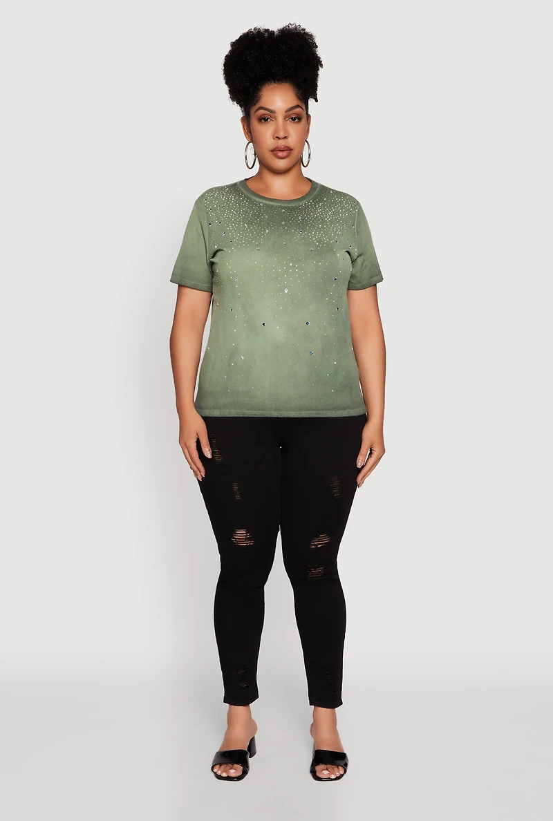 Womens Plus Acid Wash Ribbed Knit Rhinestone Detail T-Shirt,