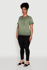 Womens Plus Acid Wash Ribbed Knit Rhinestone Detail T-Shirt, 2X