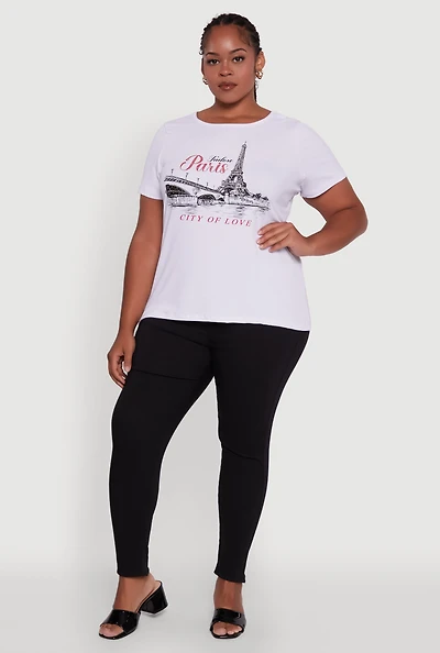 Womens Plus Size Ribbed Knit Rhinestone Paris Graphic Tee, White, Size 2X