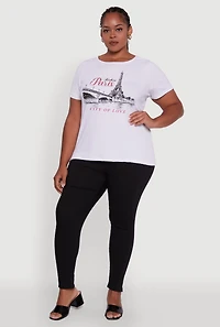 Womens Plus Size Ribbed Knit Rhinestone Paris Graphic Tee, White, Size 2X