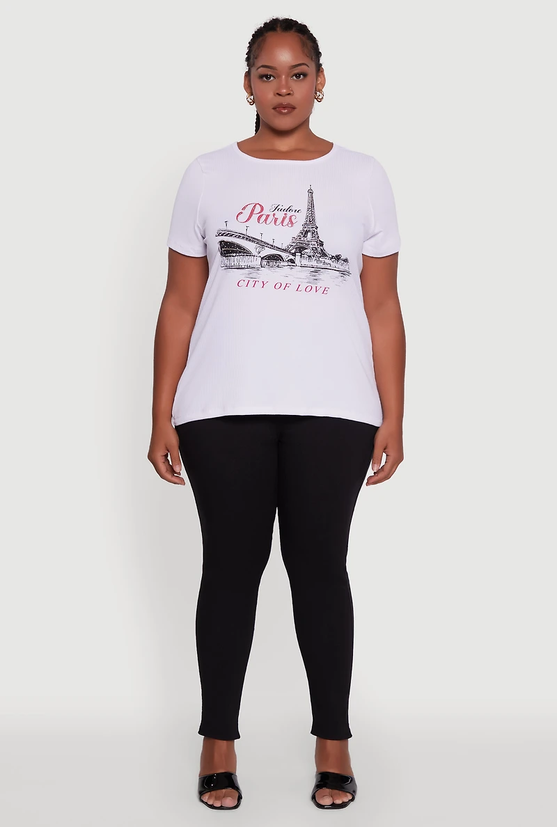 Womens Plus Size Ribbed Knit Rhinestone Paris Graphic Tee, White, Size 2X