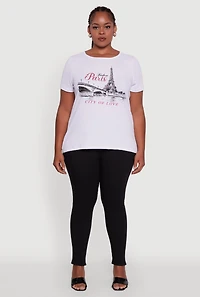 Womens Plus Size Ribbed Knit Rhinestone Paris Graphic Tee, White, Size 2X