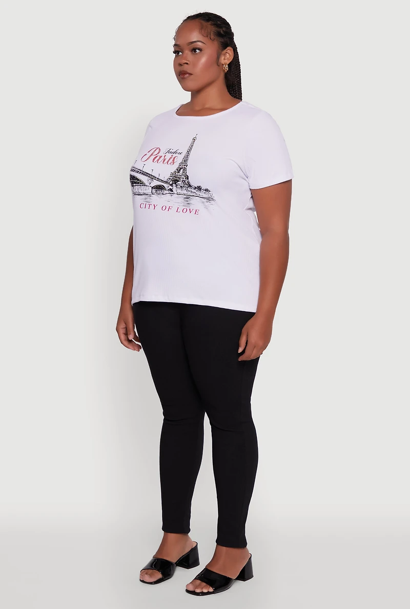 Womens Plus Size Ribbed Knit Rhinestone Paris Graphic Tee, White, Size 2X