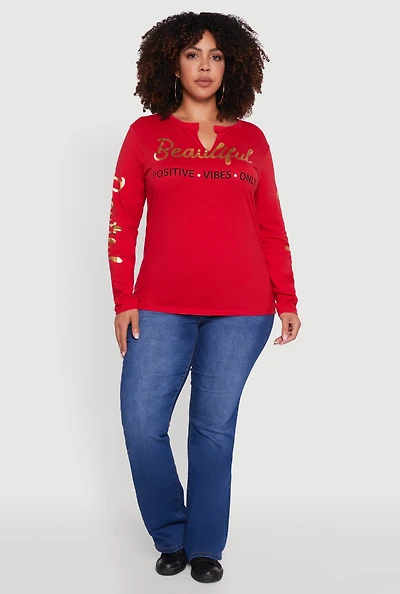 Womens Plus Size Beautiful Positive Vibes Only Foil Graphic Tee, Red, Size 2X