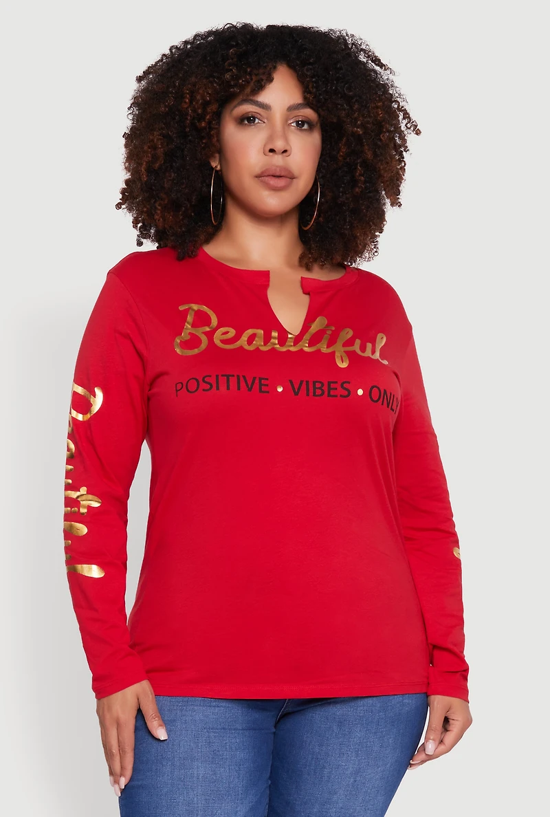 Womens Plus Size Beautiful Positive Vibes Only Foil Graphic Tee, Red, Size 1X