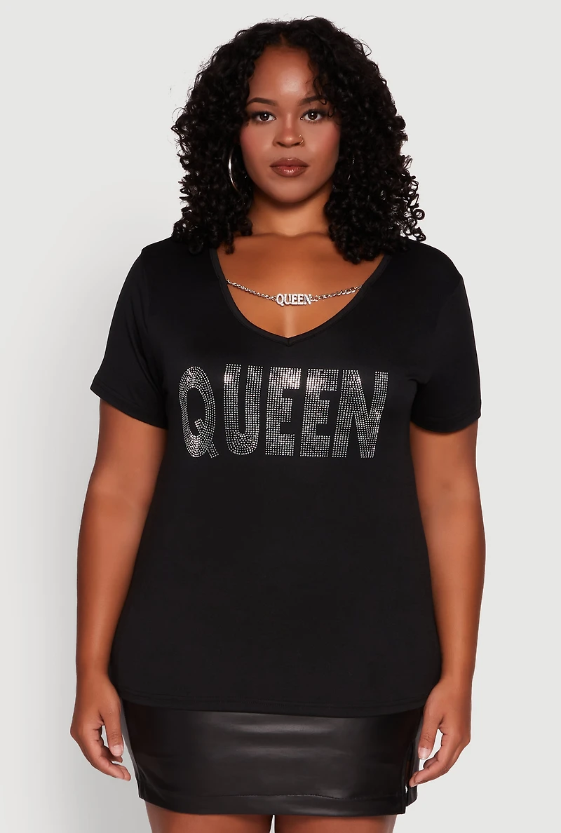 Womens Plus Size Chain Detail Rhinestone Queen Top, Black, Size 2X