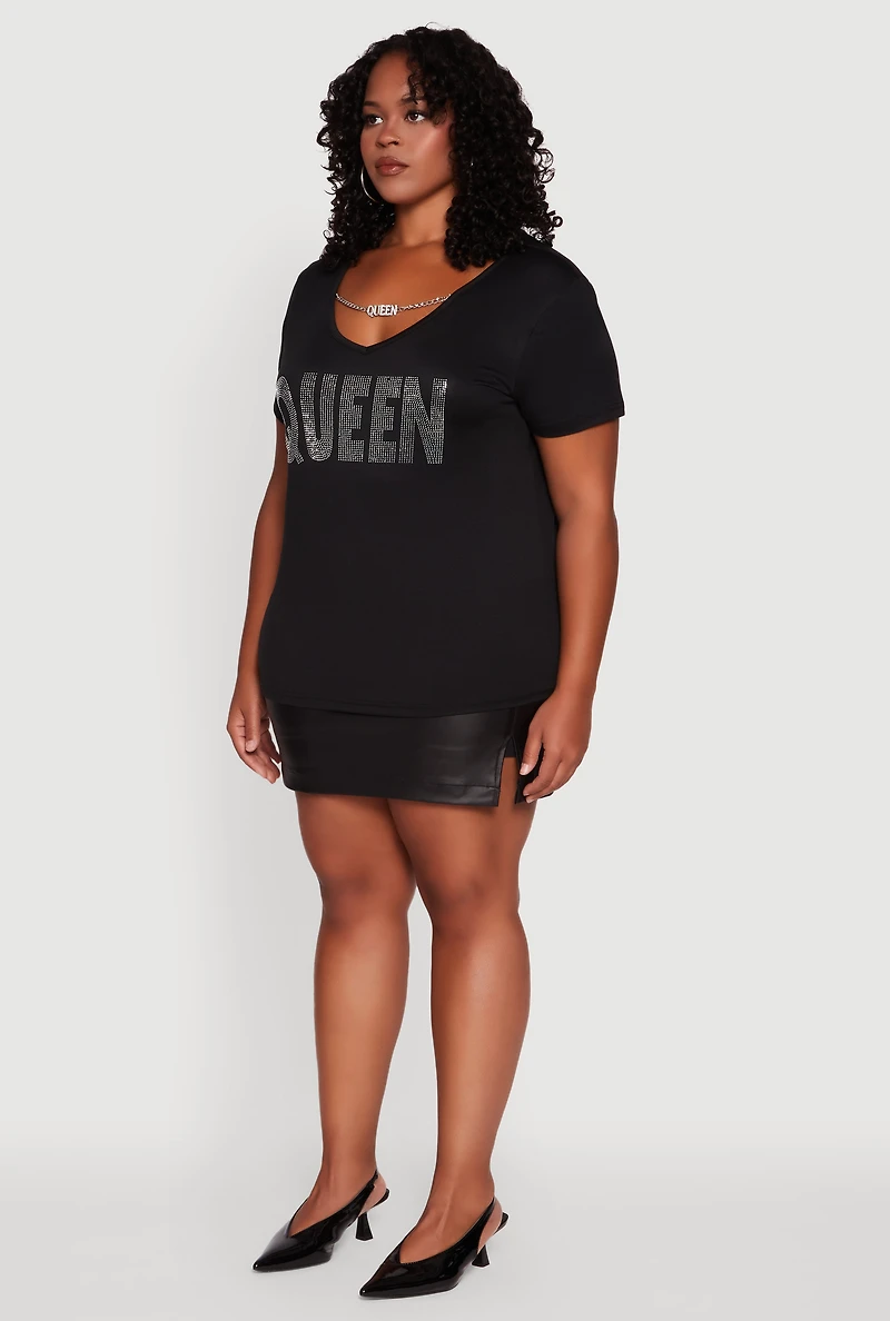 Womens Plus Size Chain Detail Rhinestone Queen Top, Black, Size 2X