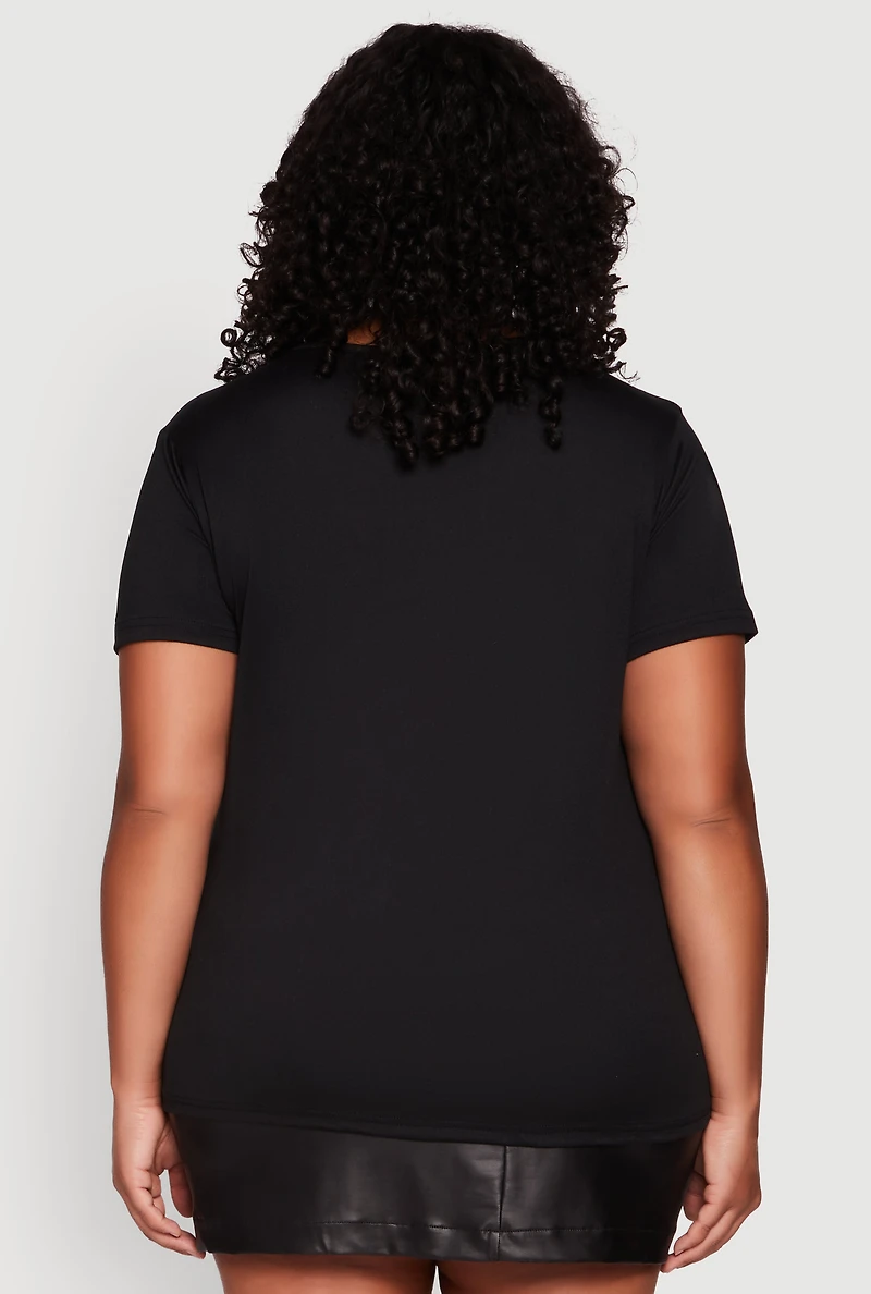 Womens Plus Size Chain Detail Rhinestone Queen Top, Black, Size 2X