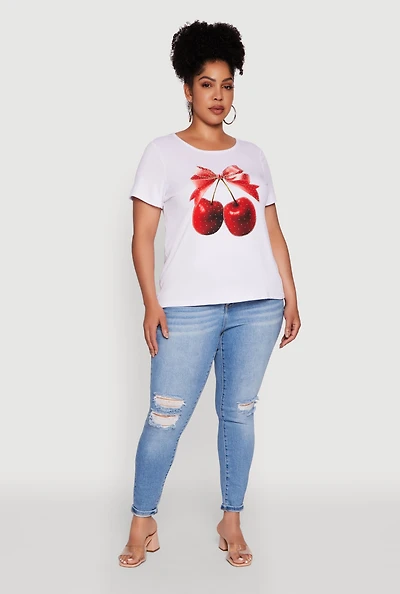 Womens Plus Size Ribbed Knit Cherry Bow Tie Graphic Tee, White, Size 2X