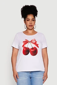 Womens Plus Size Ribbed Knit Cherry Bow Tie Graphic Tee, White, Size 2X