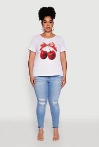 Womens Plus Size Ribbed Knit Cherry Bow Tie Graphic Tee, White, Size 2X