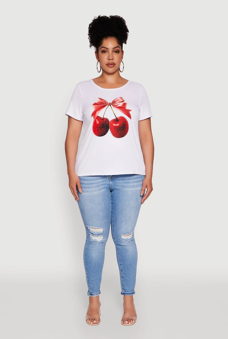 Womens Plus Size Ribbed Knit Cherry Bow Tie Graphic Tee, White, Size 1X