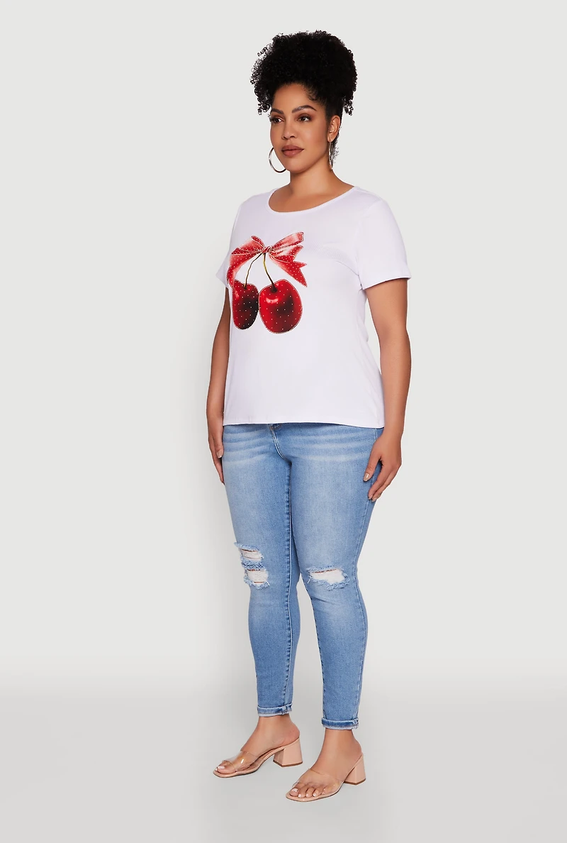 Womens Plus Size Ribbed Knit Cherry Bow Tie Graphic Tee, White, Size 1X