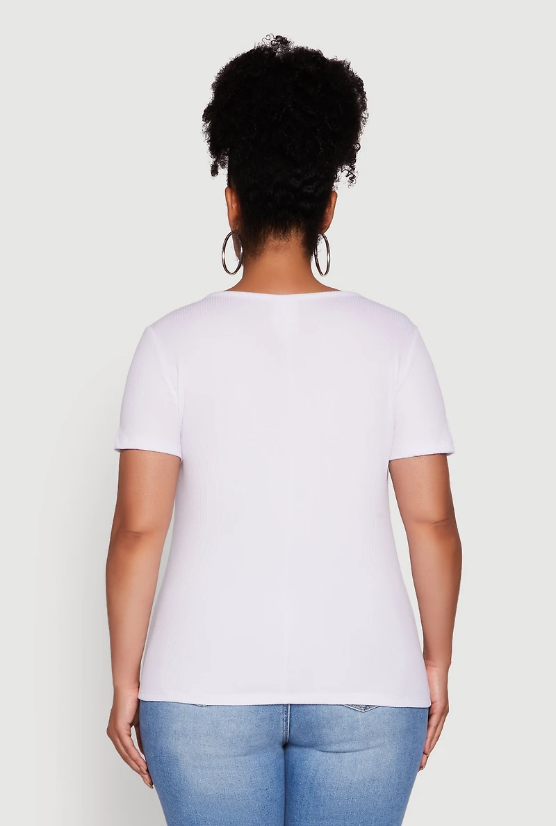 Womens Plus Ribbed Knit Cherry Bow Tie Graphic Tee, White,